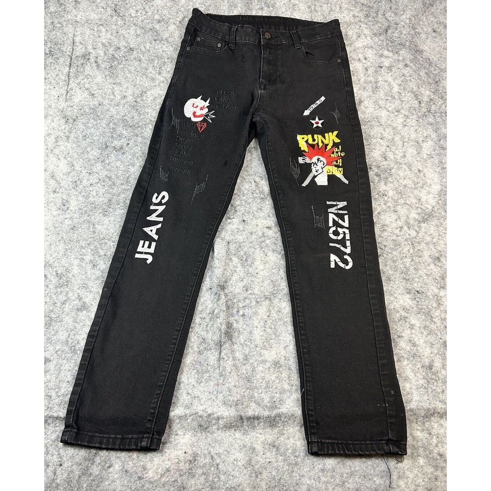 Shein Fashion Jeans Men's Size 29 Distress Black Embroidered Patch Jeans Punk